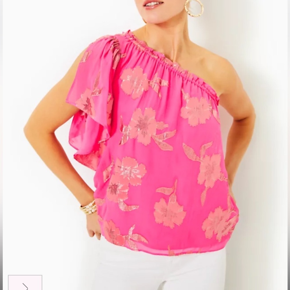 NWT Lilly Pulitzer Saraleigh One Shoulder Top Pink Gold Floral Metallic Medium